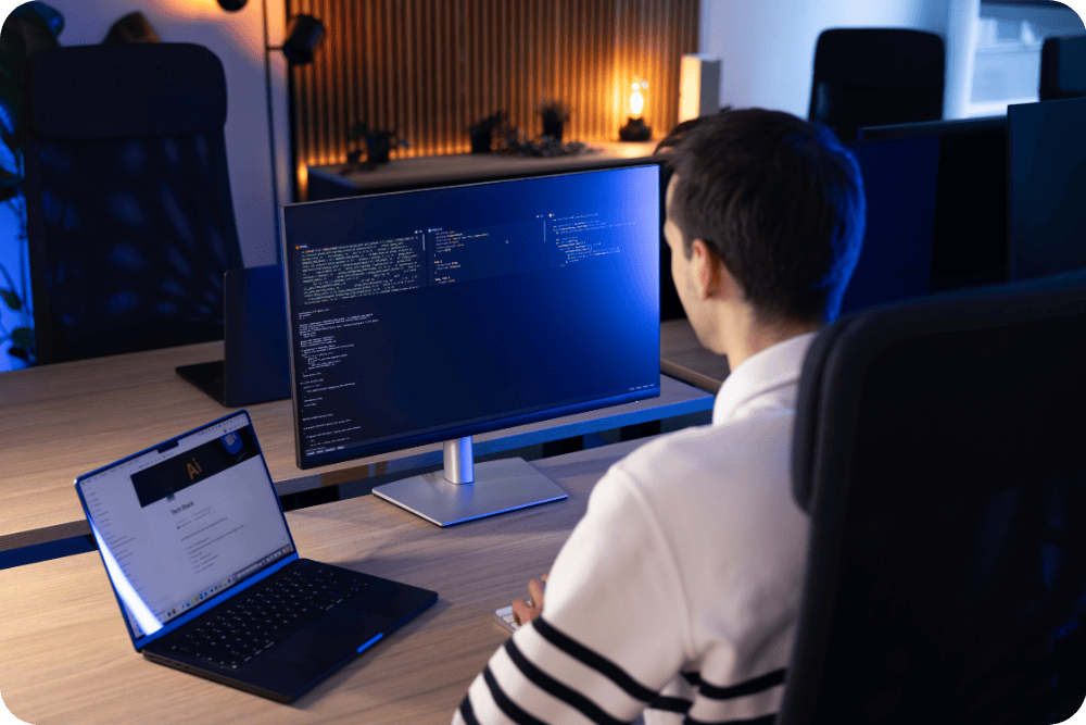 Data Scientist arbeitet am Laptop mit externem Bildschirm