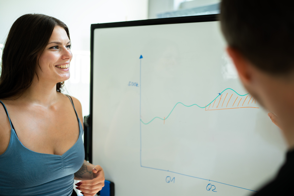 Frau die am Whiteboard arbeitet